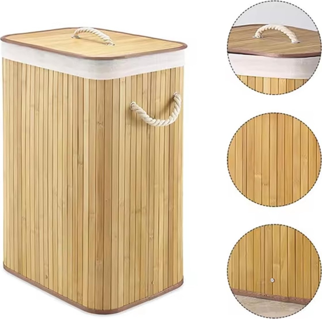 OEM Ekolojik Bambu Çok Amaçlı Saklama Sepeti, Pamuk Bez Iç Astarlı, Kapaklı ve Halat Saplı Modern ve Minimalist Tasarım (Ikili) görsel 2