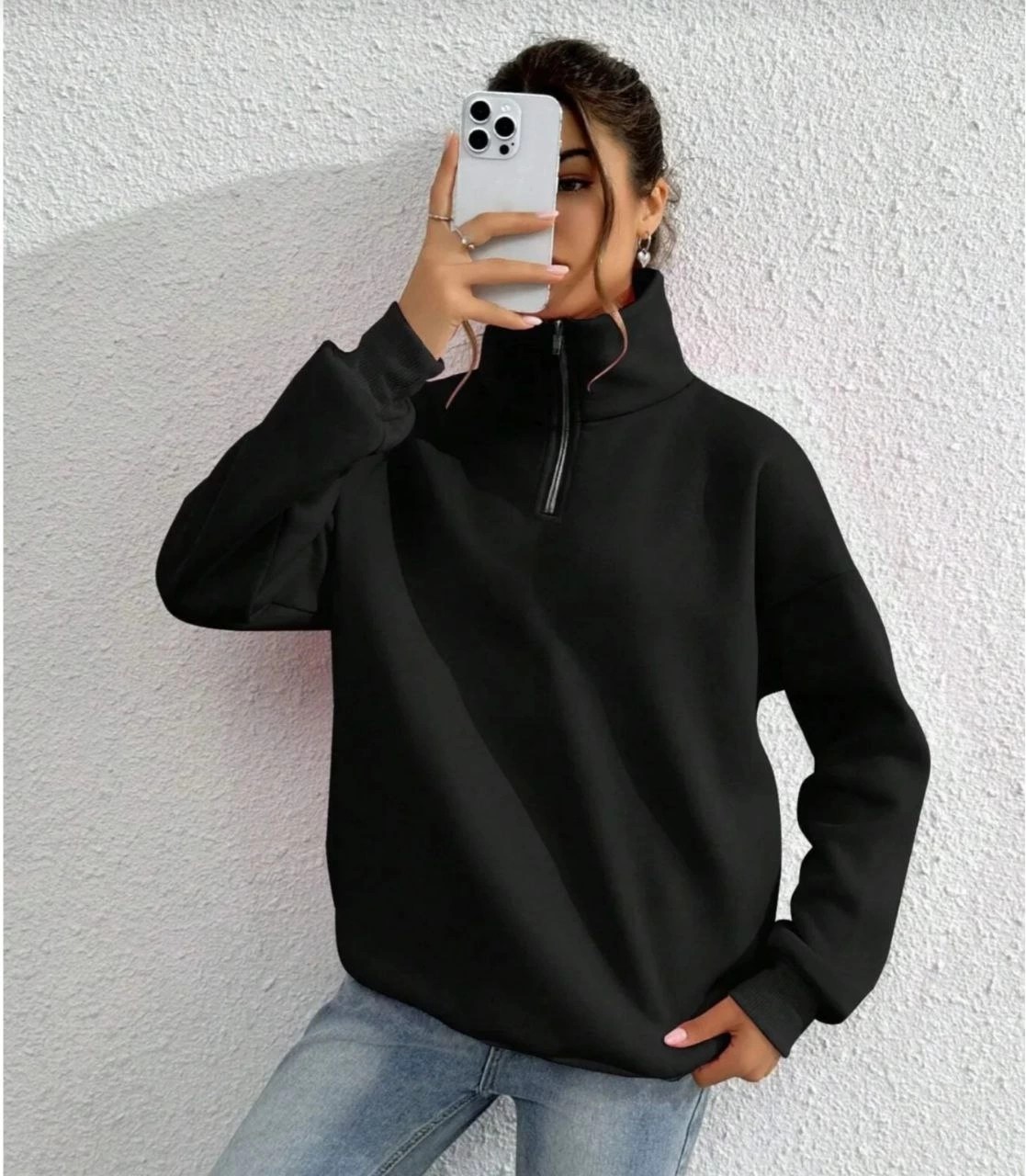 Tarz Yeri Kadın 3 Iplik Pamuklu Uzun Kol Yarım Farmuarlı Yakalı Sweatshirt - Siyah