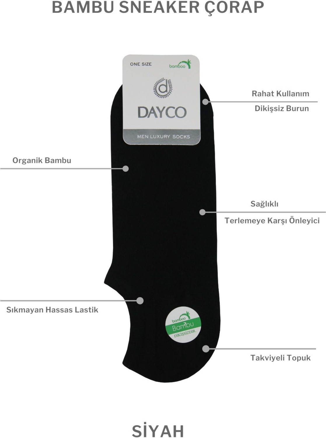 Dayco Premium Bambu Sneakers Görünmez Spor Çorap 4'lü Siyah Dikişsiz ve Organik Liflerden Üretilmiş görsel 2