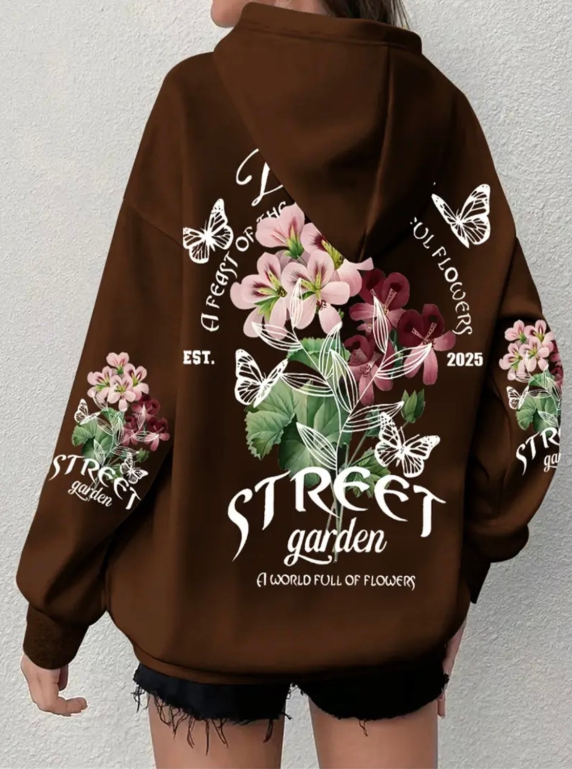 Amor Face Büyük Beden Özel Tasarım Kapüşonlu Street Garden Sırt Baskılı Oversize Kadın Sweatshırt