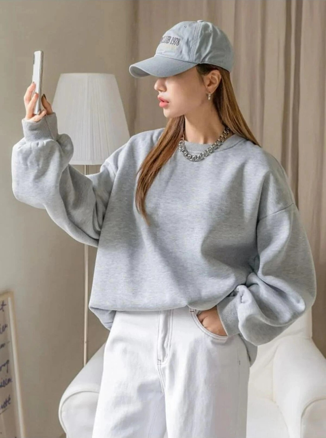 Tarz Yeri Kadın 3 Iplik Pamuklu Oversize Yarım Fermuarlı Yakalı Basic Sweatshirt - Gri görsel 2