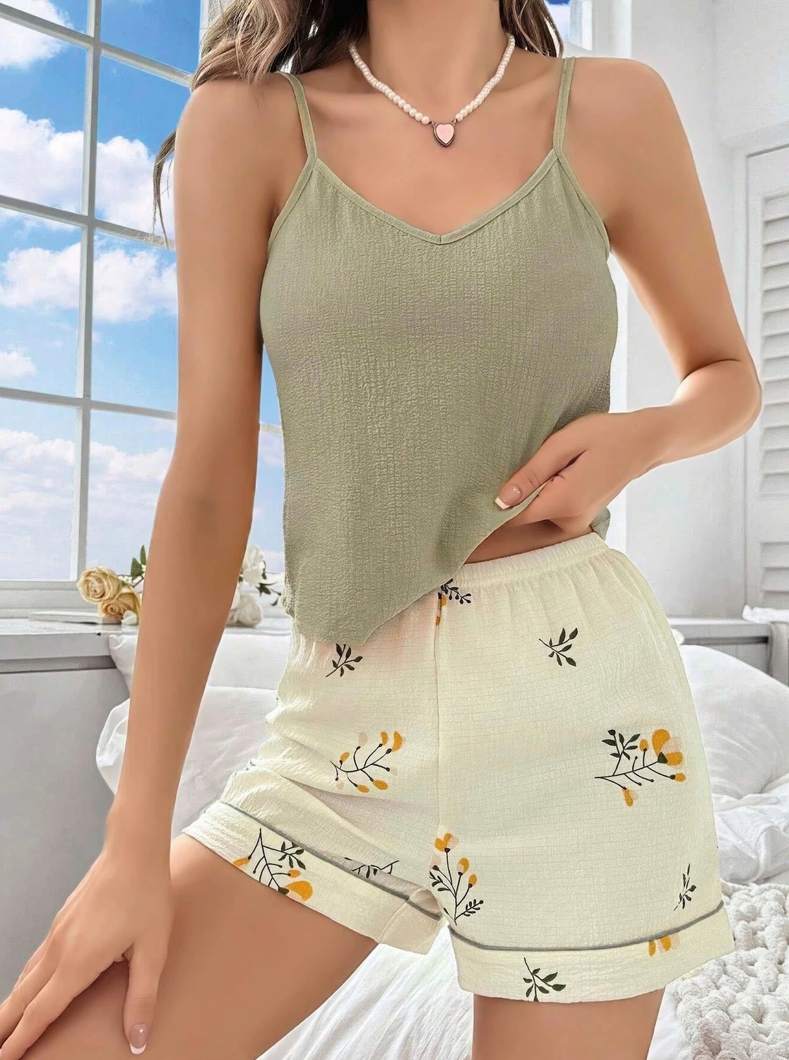 Nemere Kadın Ekru Çiçek Baskılı Şortlu Gecelik Pijama Takımı Rahat Şık 2’li Set görsel 2