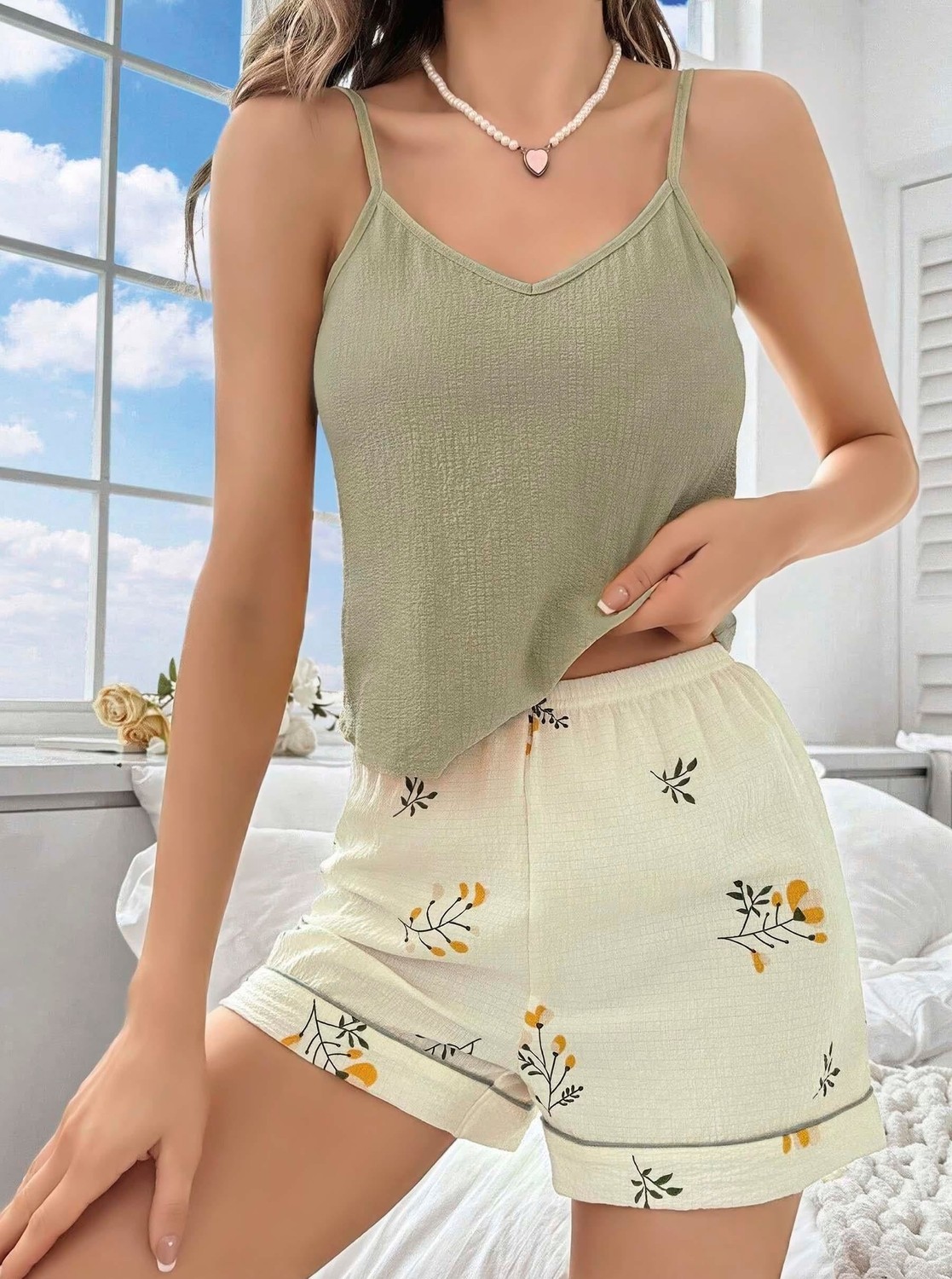 Kadın Ekru Çiçek Baskılı Şortlu Gecelik Pijama Takımı 5099, Beden: S/m, Renk: Ekru görsel 2