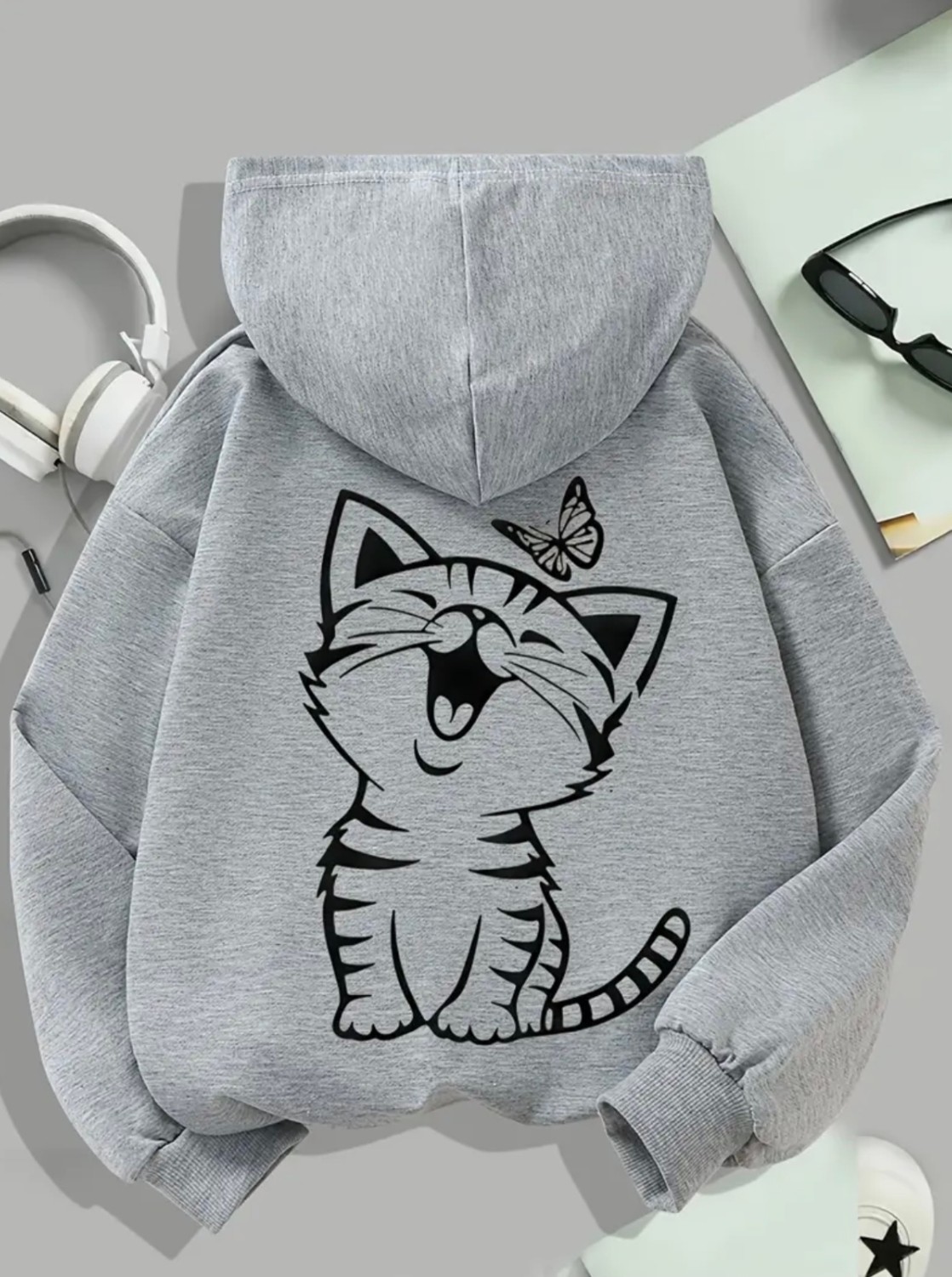 Punix Punıx Büyük Beden Özel Üretim Kapüşonlu Minnoşun Kelebeği Sırt Baskılı Oversize Kadın Sweatshırt