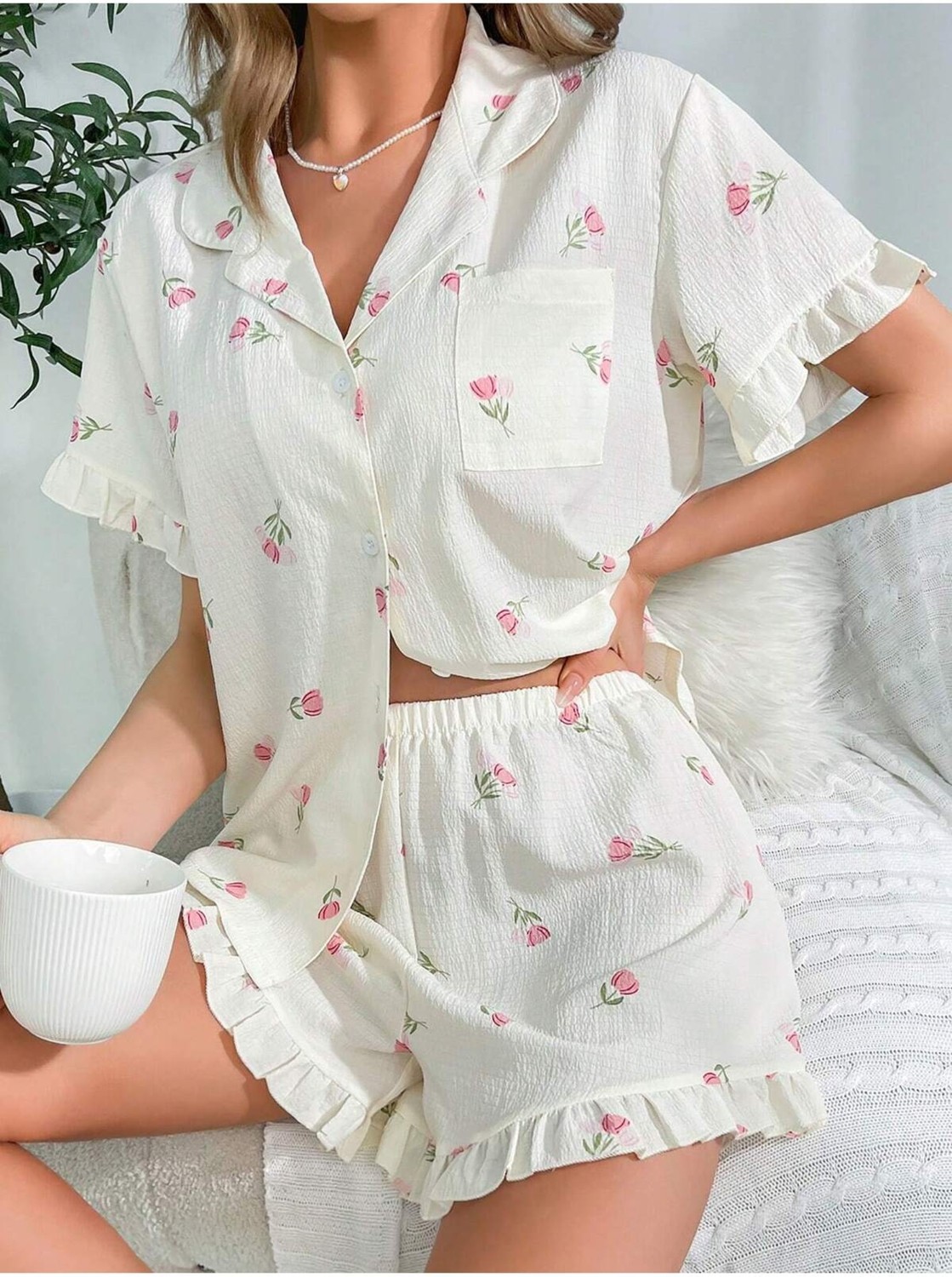 Bella Notte Çiçek Baskılı Fırfırlı Pijama Takımı görsel 2