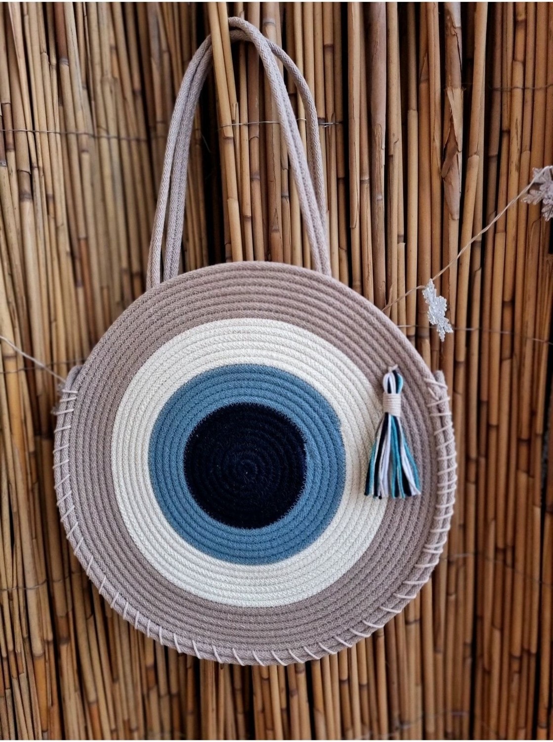 Zuviel Deco 40 cm El Yapımı Yuvarlak Nazar Boncuğu Tress Pamuk Çanta,plaj Çantası Mavi / 40 x 40
