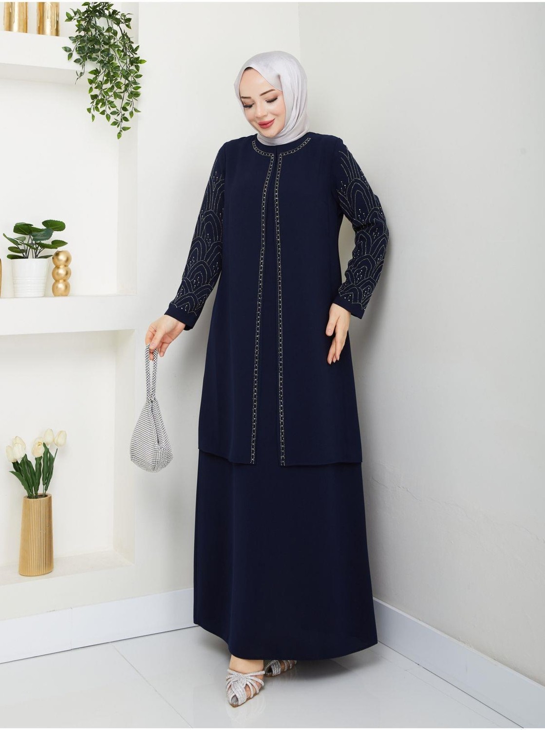 Eslemnur Kolları Taşlı Büyük Beden Anne Elbisesi görsel 4