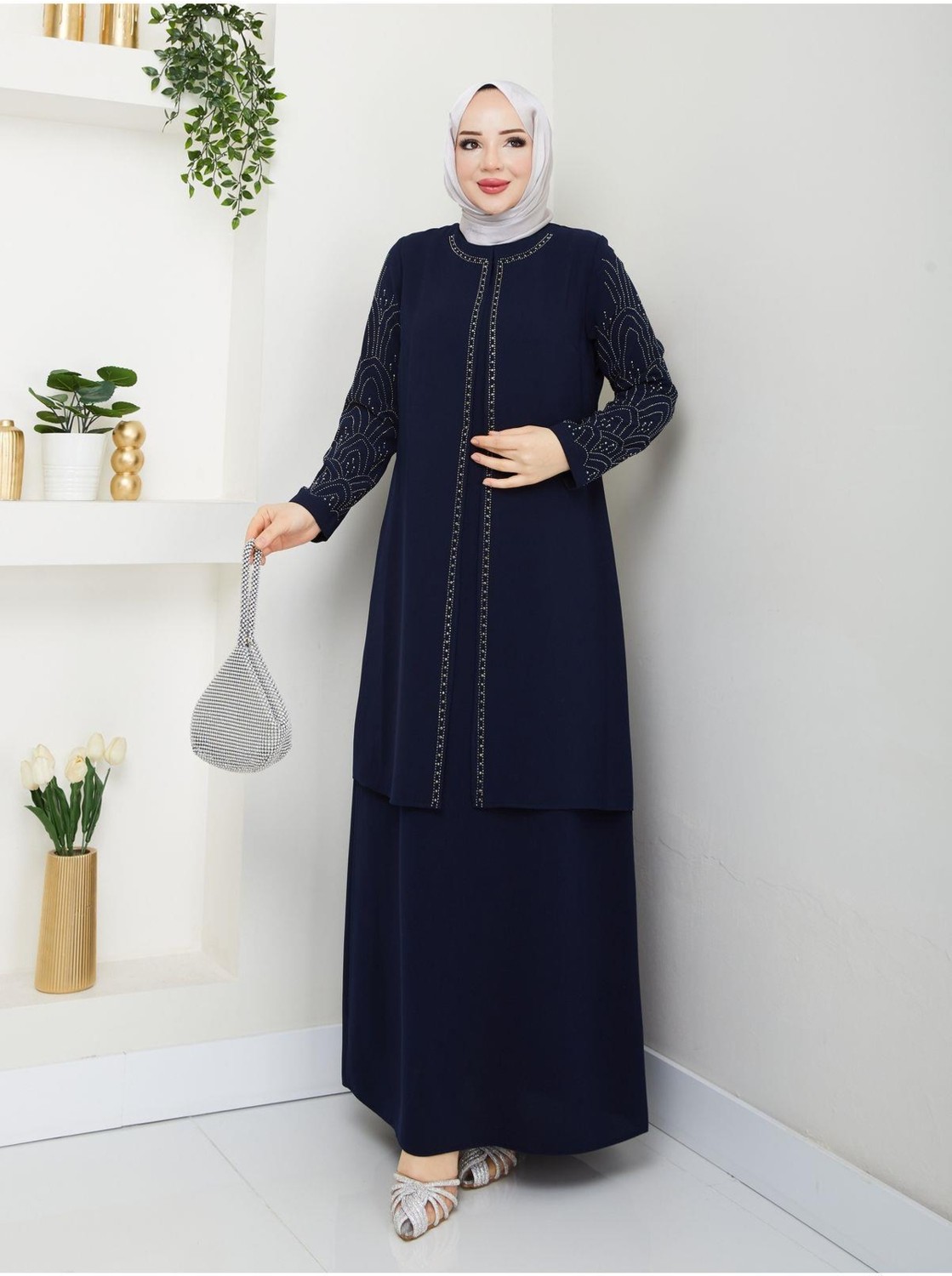 Eslemnur Kolları Taşlı Büyük Beden Anne Elbisesi görsel 5