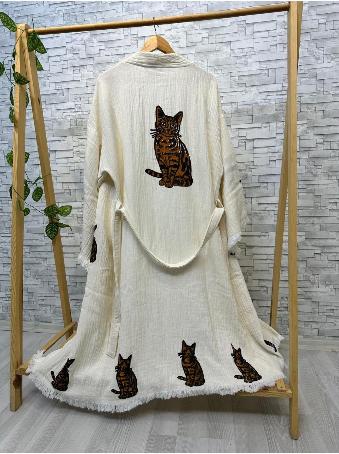 Befera Design Müslin Kimono %100 Pamuklu Kedi Baskılı Desenli Bornoz Kaftan Sabahlık görsel 6