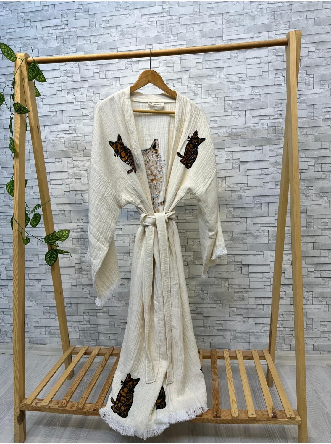 Befera Design Müslin Kimono %100 Pamuklu Kedi Baskılı Desenli Bornoz Kaftan Sabahlık görsel 7