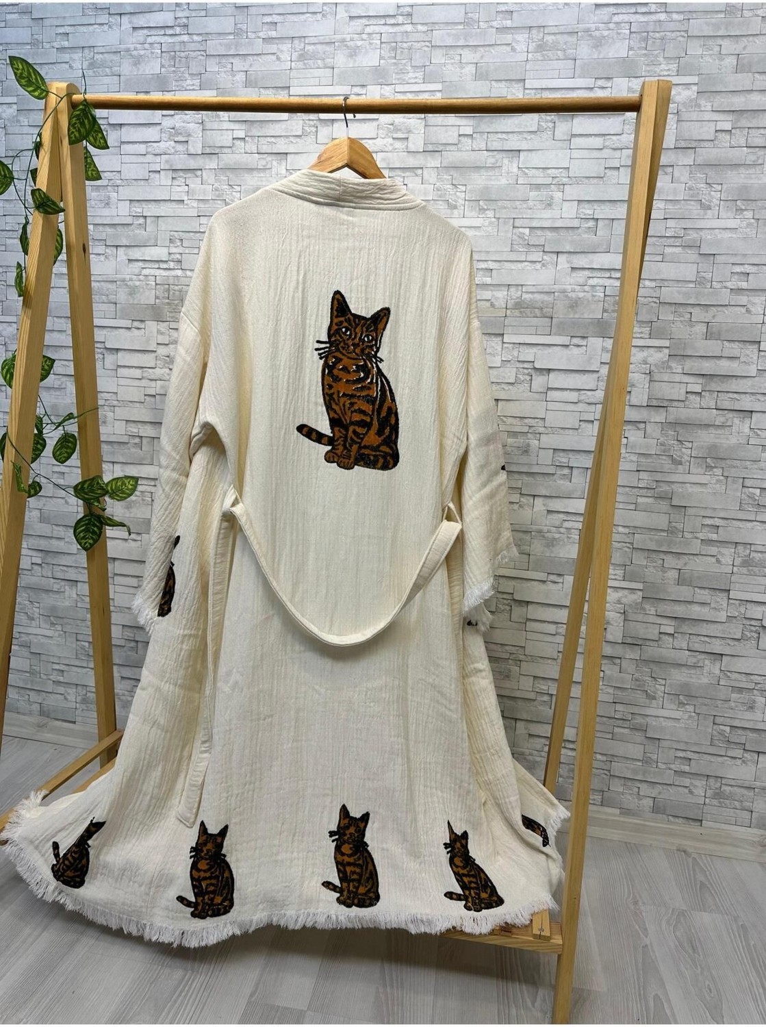 Befera Design Müslin Kimono %100 Pamuklu Kedi Baskılı Desenli Bornoz Kaftan Sabahlık görsel 8