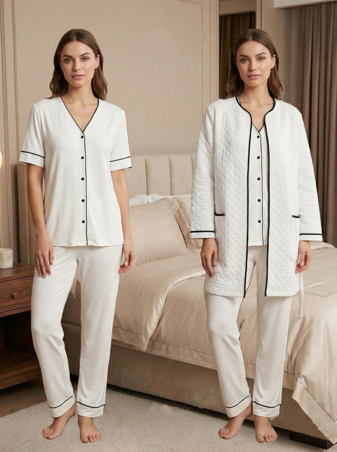 Effort Dvina Effortt Lohusa Sabahlıklı Kısa Kollu Pijama Takımı Ekru - 7078