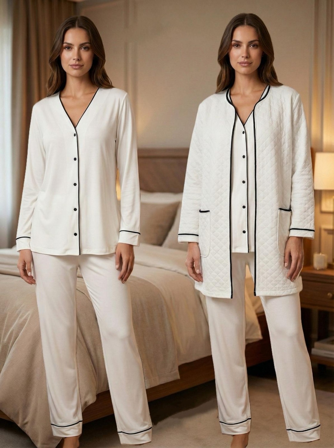 Effort Dvina Effortt Lohusa Sabahlıklı Uzun Kollu Pijama Takımı Ekru - 7079