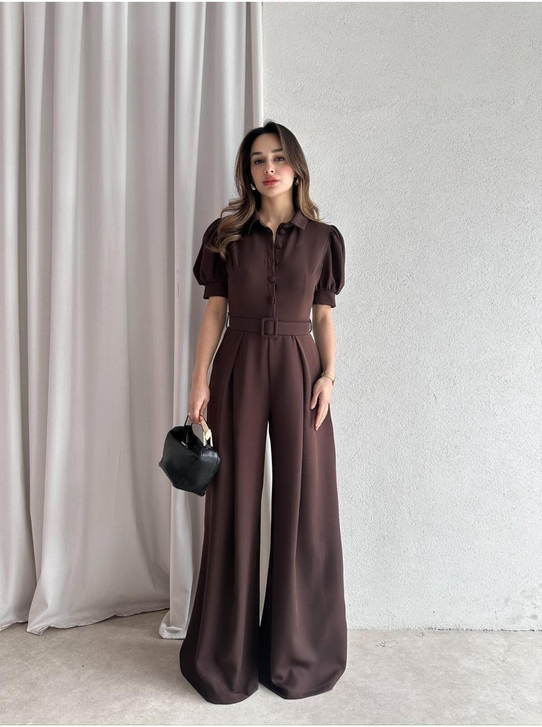 Moda Durağı Steffy Tulum Kadın Viskoz Kahverengi Kemerli Düz Kesim Rahat Stil