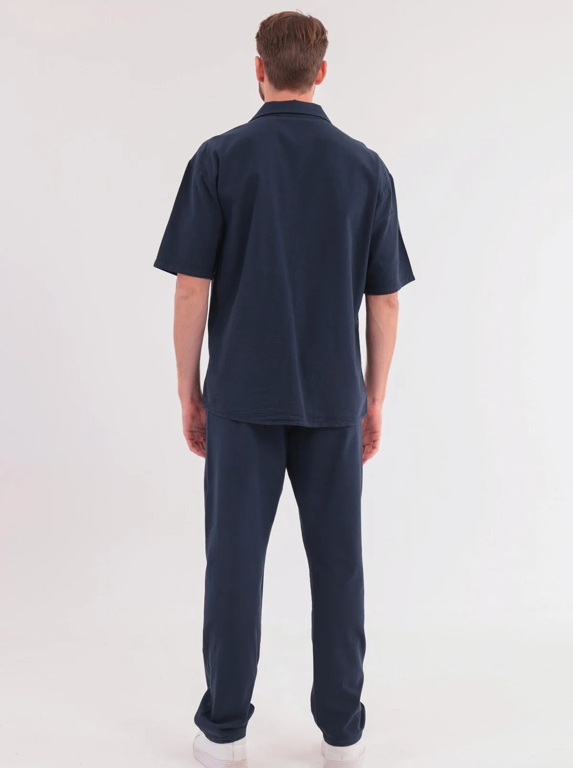 Blayn Jeans Erkek Lacivert Keten Takım Oversize Gömlek & Pantolon 2'li Set Bağcıklı Rahat Yazlık Kombin görsel 8