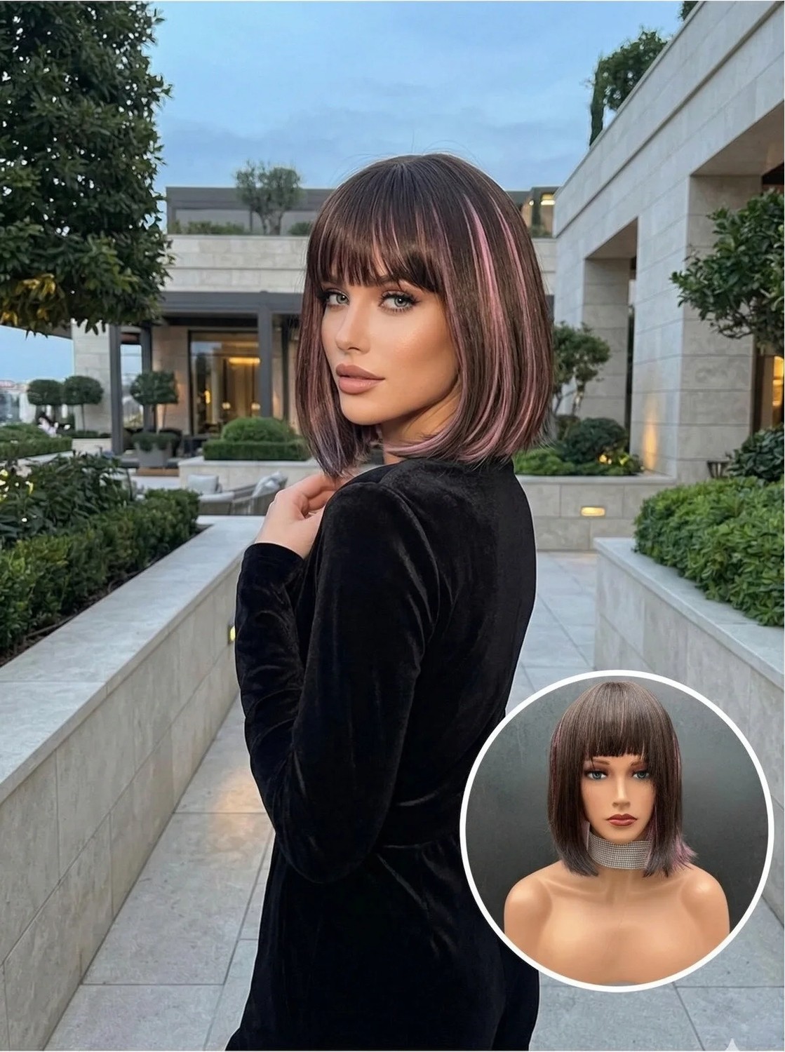 Marsilyan Exclusive Luxury Özel Üretim Kahverengi Lila Kısa Küt Kesim Peruk