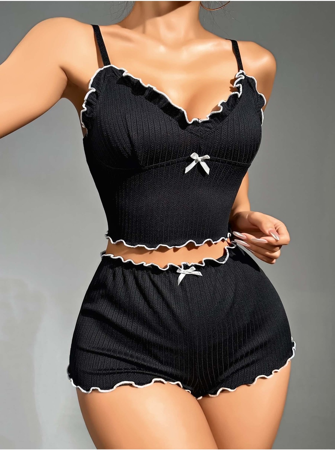 Kadın Siyah Fitilli Askılı Şortlu Pijama Takım 5042 görsel 6