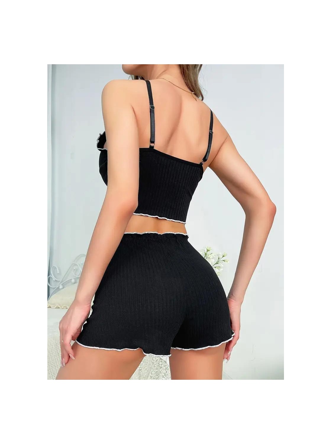 Kadın Siyah Fitilli Askılı Şortlu Pijama Takım 5042 görsel 8