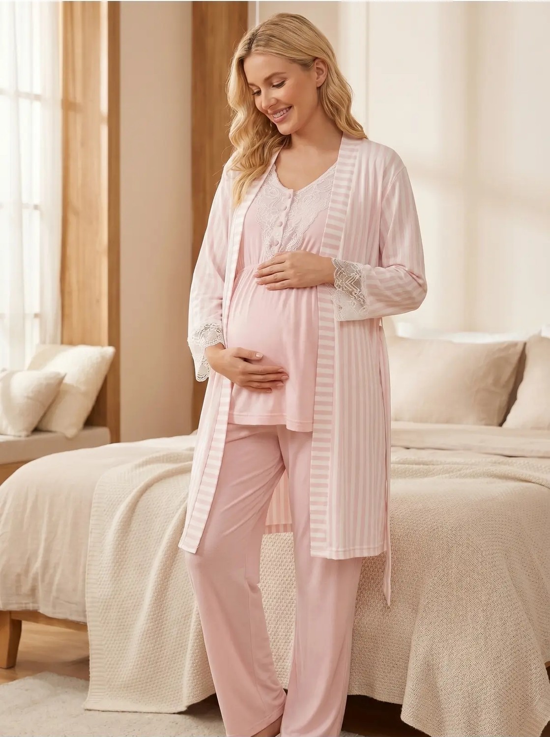 Hafsara Çizgili Dantel Detaylı Sabahlıklı Lohusa Pijama Takımı