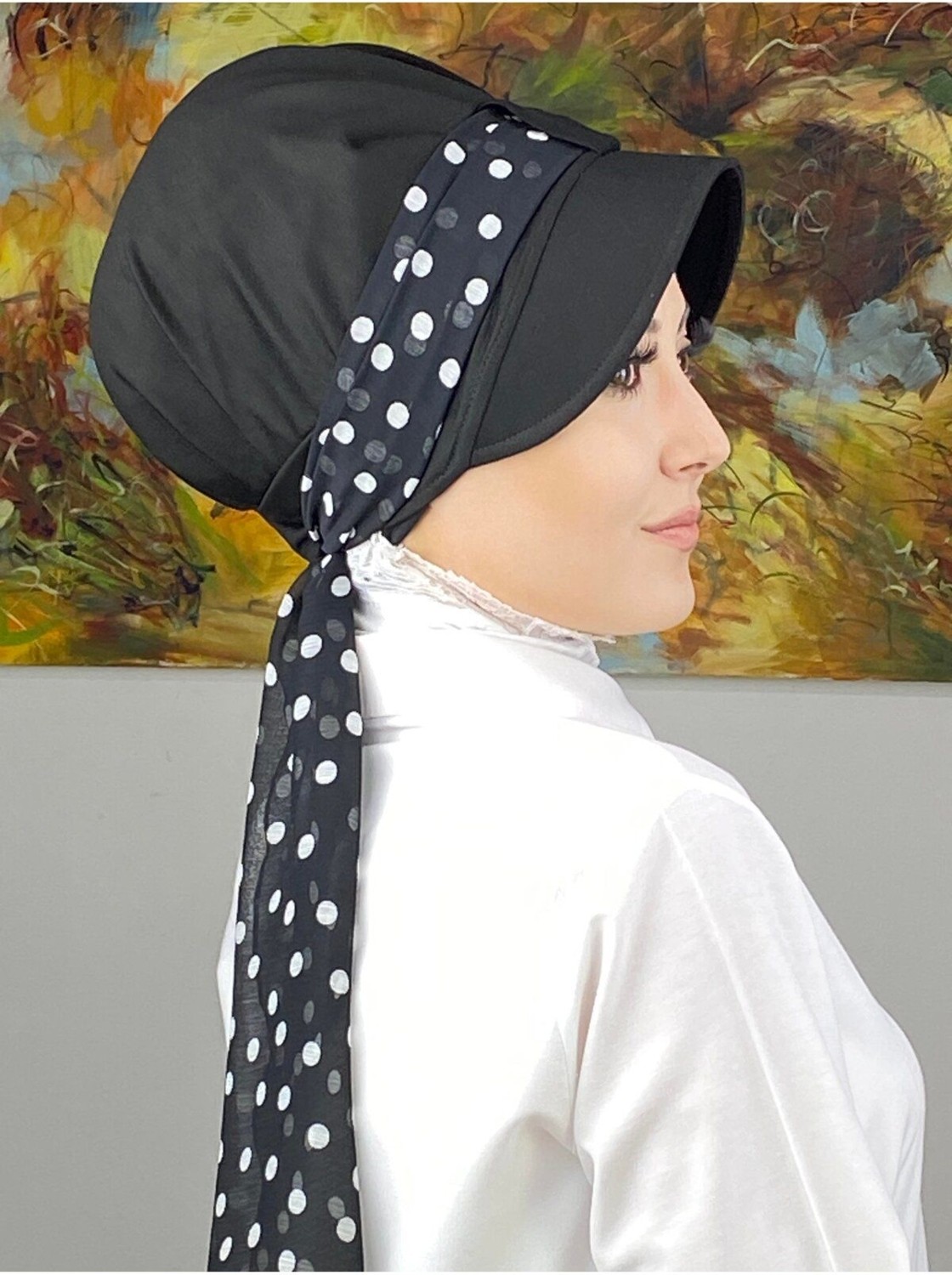 Butik Ambar Floral Desenli Tek Biritli Fularlı Şapka - Siyah - Butik Ambar görsel 5