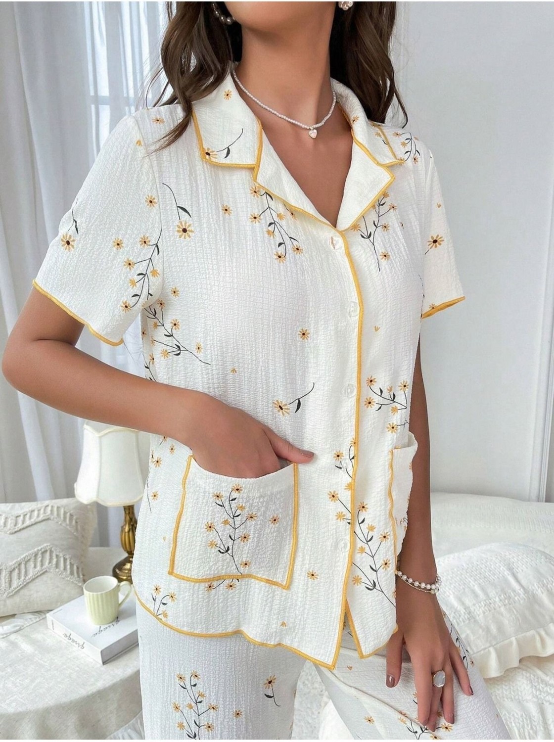Bella Notte Çiçek Baskılı Cep Detaylı Düğmeli Günlük Pijama Takımı görsel 3