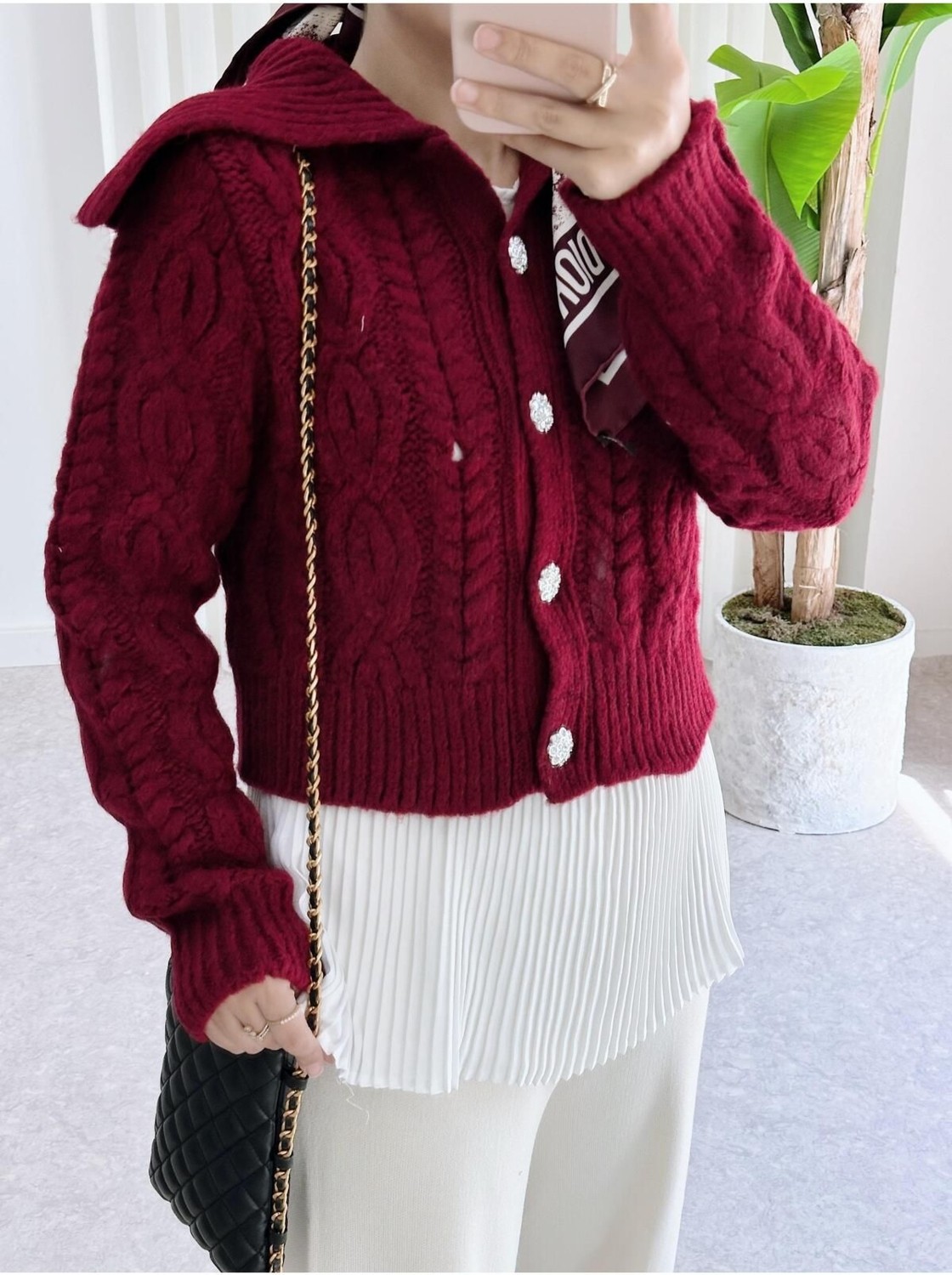 Aselim Hijap Moda Düğmeli Örgü Kalın Triko Hırka Bordo