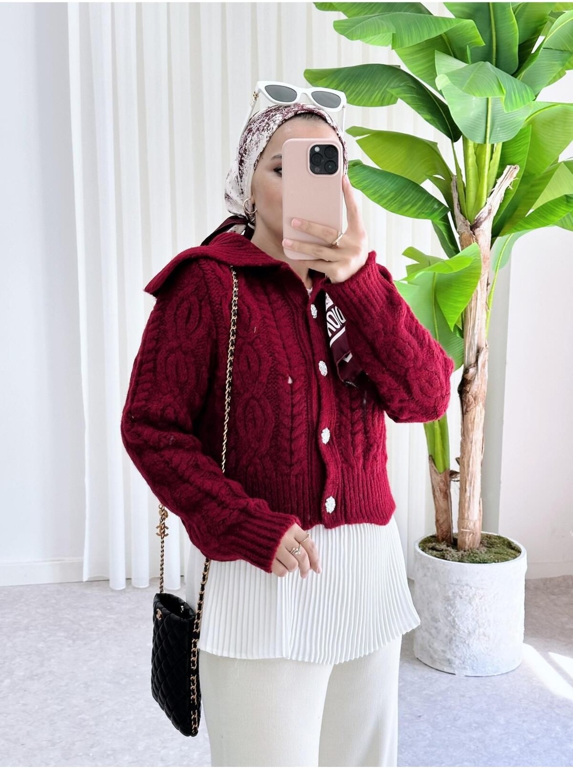 Aselim Hijap Moda Düğmeli Örgü Kalın Triko Hırka Bordo görsel 2