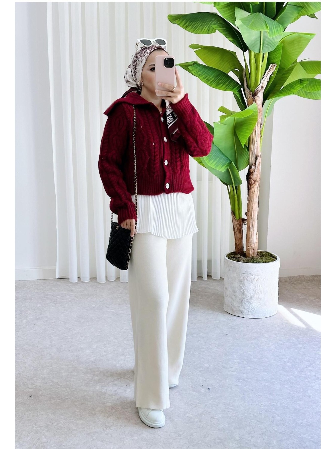Aselim Hijap Moda Düğmeli Örgü Kalın Triko Hırka Bordo görsel 3