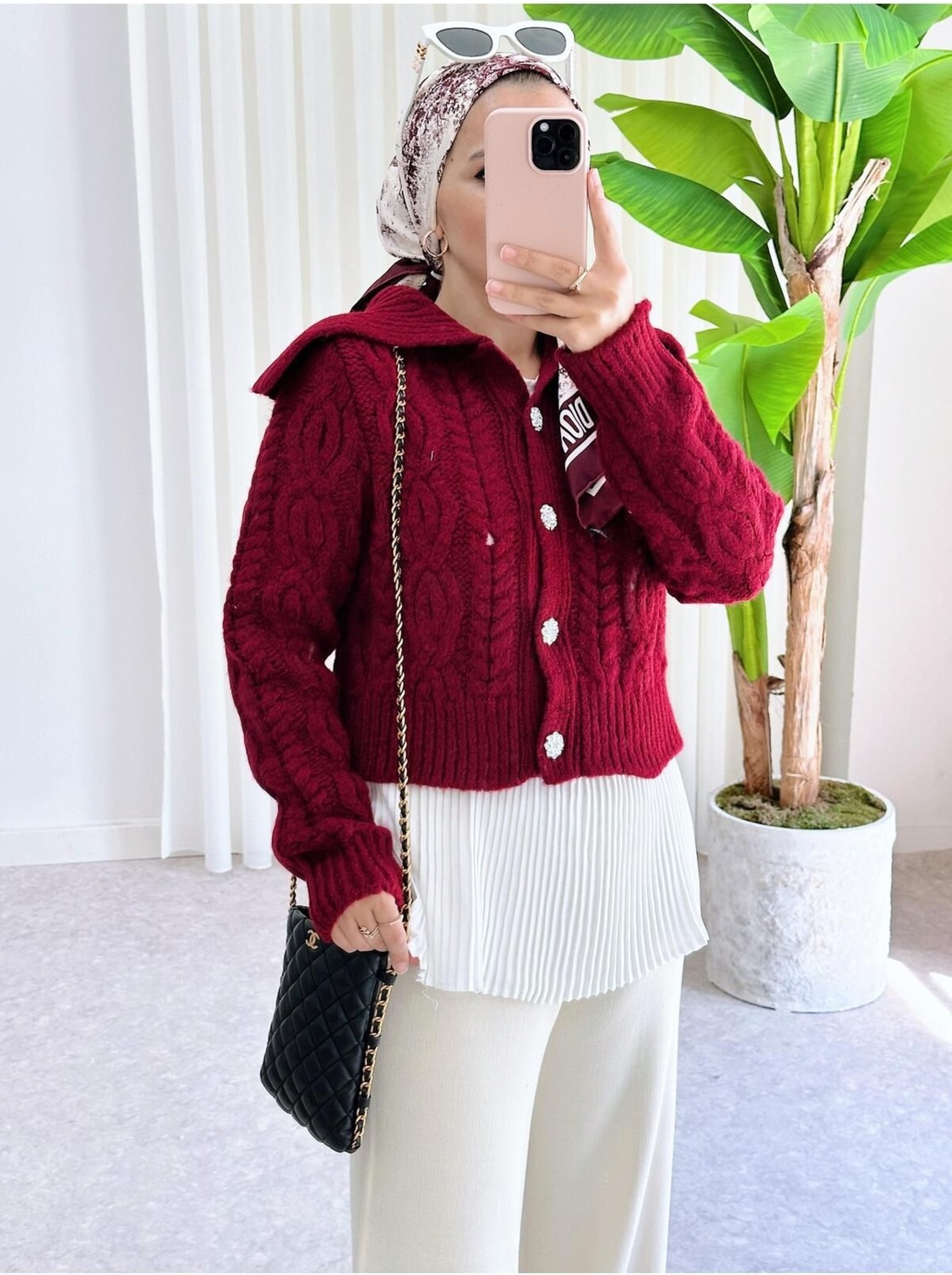 Aselim Hijap Moda Düğmeli Örgü Kalın Triko Hırka Bordo görsel 4