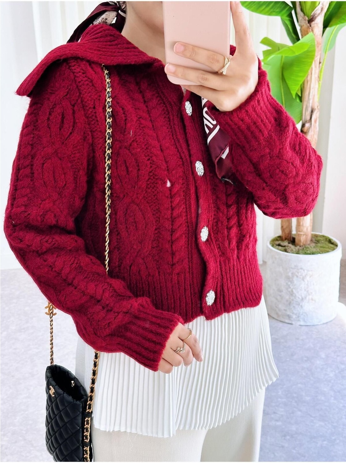 Aselim Hijap Moda Düğmeli Örgü Kalın Triko Hırka Bordo görsel 5