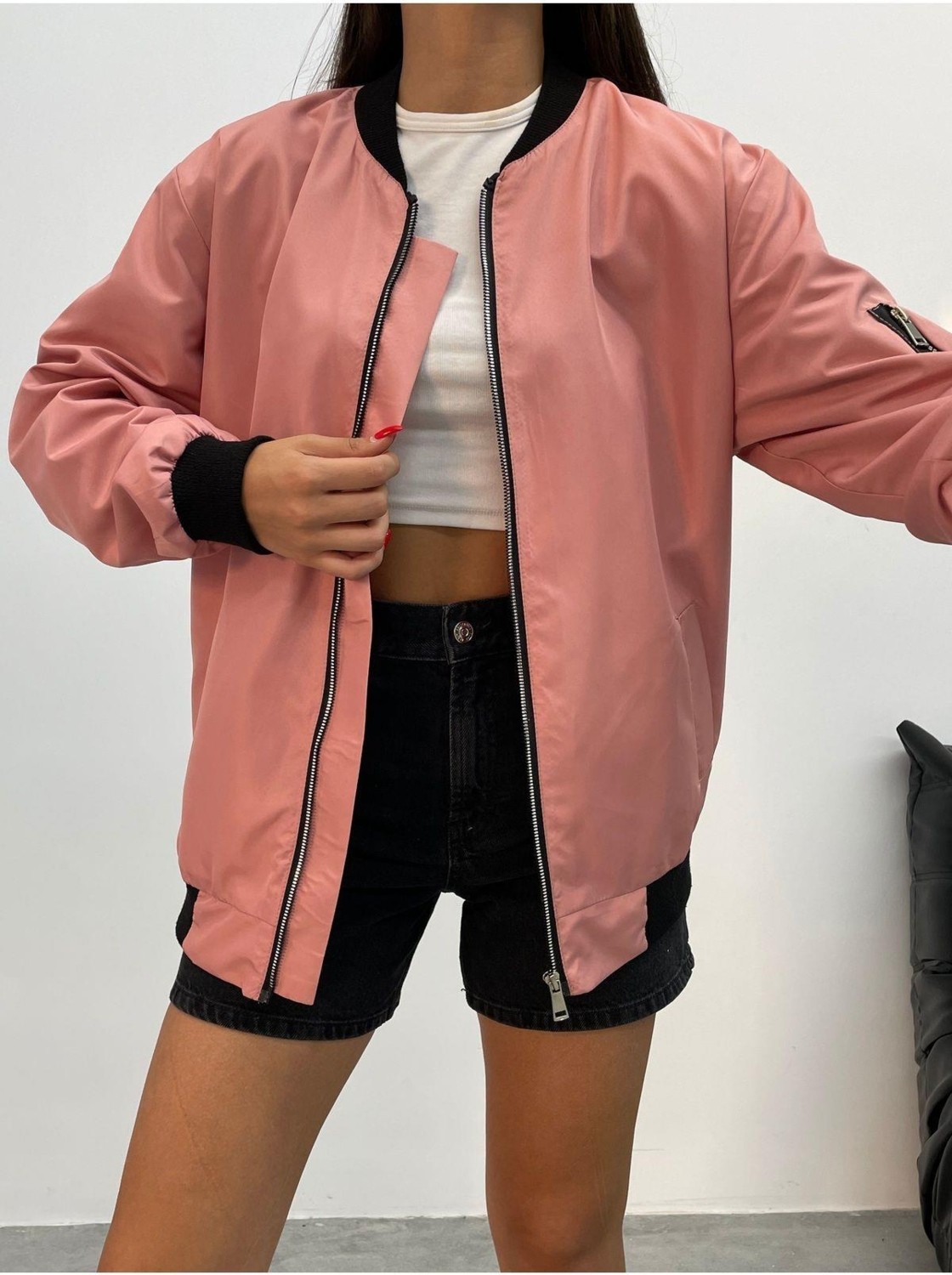 Meecy Unisex Siyah Oversize Bomber Ceket görsel 6