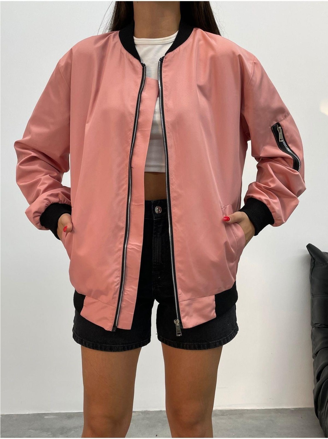 Meecy Unisex Siyah Oversize Bomber Ceket görsel 7