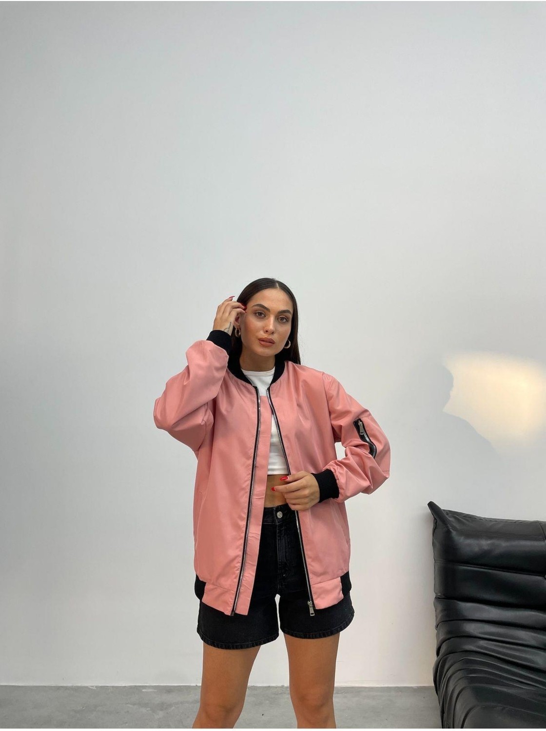 Meecy Unisex Siyah Oversize Bomber Ceket görsel 8
