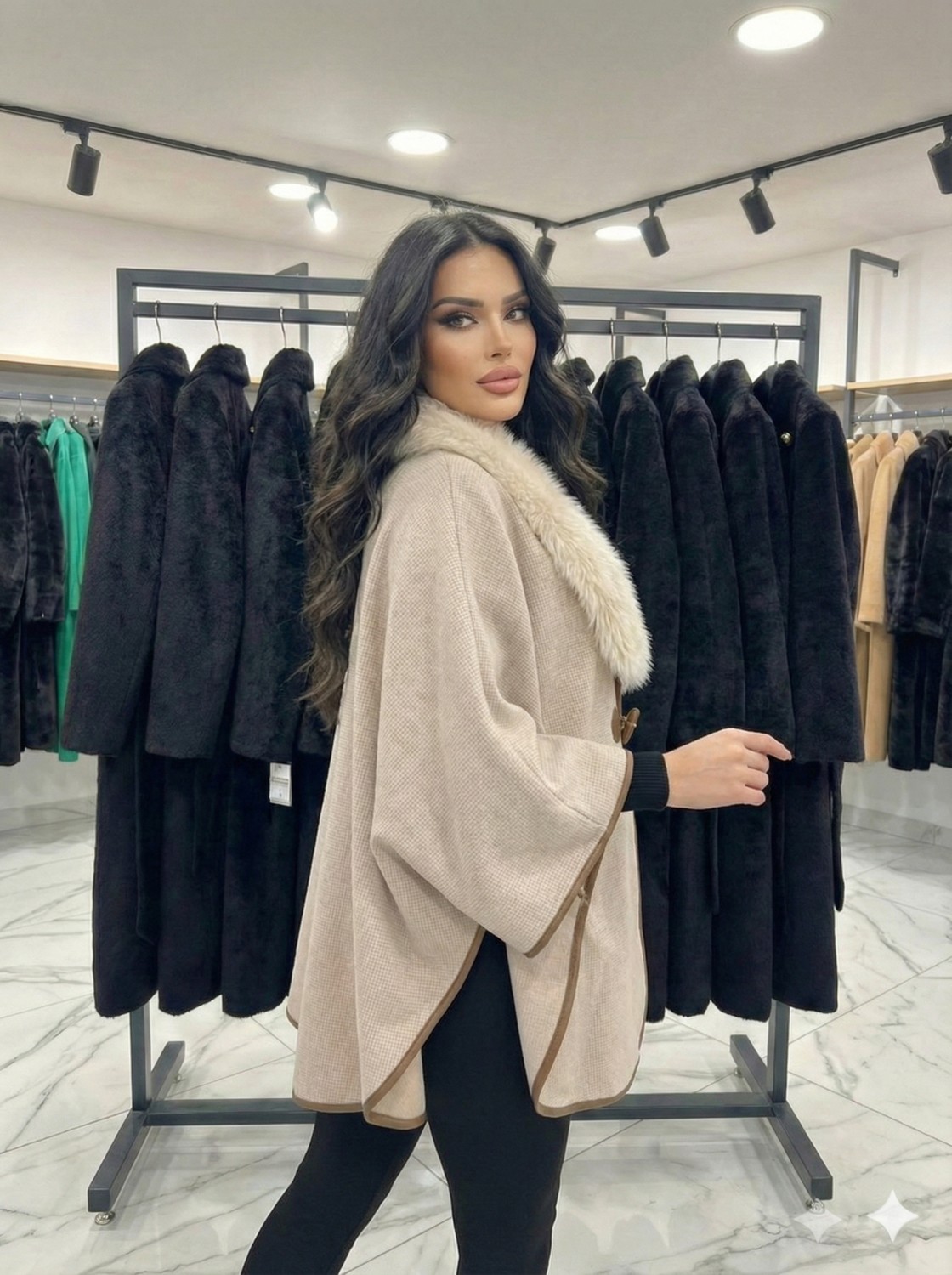Ribana Classic Kadın Düğme Detaylı Yaka Kürklü Mevsimlik Kaşe Pelerin Panço M38868 görsel 2