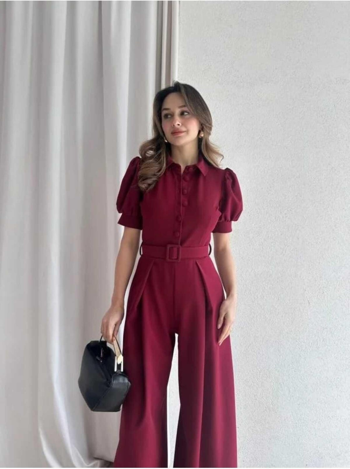 Moda Durağı Steffy Premium Tulum Bordo Kısa Kol Pamuk Kumaş Cepsiz Gömlek Yaka Şık Tasarım