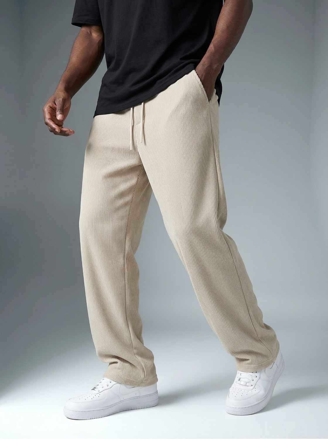 Khaynn Erkek Fitilli Baggy Pantolon K2026P Siyah Renk Lastik Bel Bol Paça Orta Kalınlık