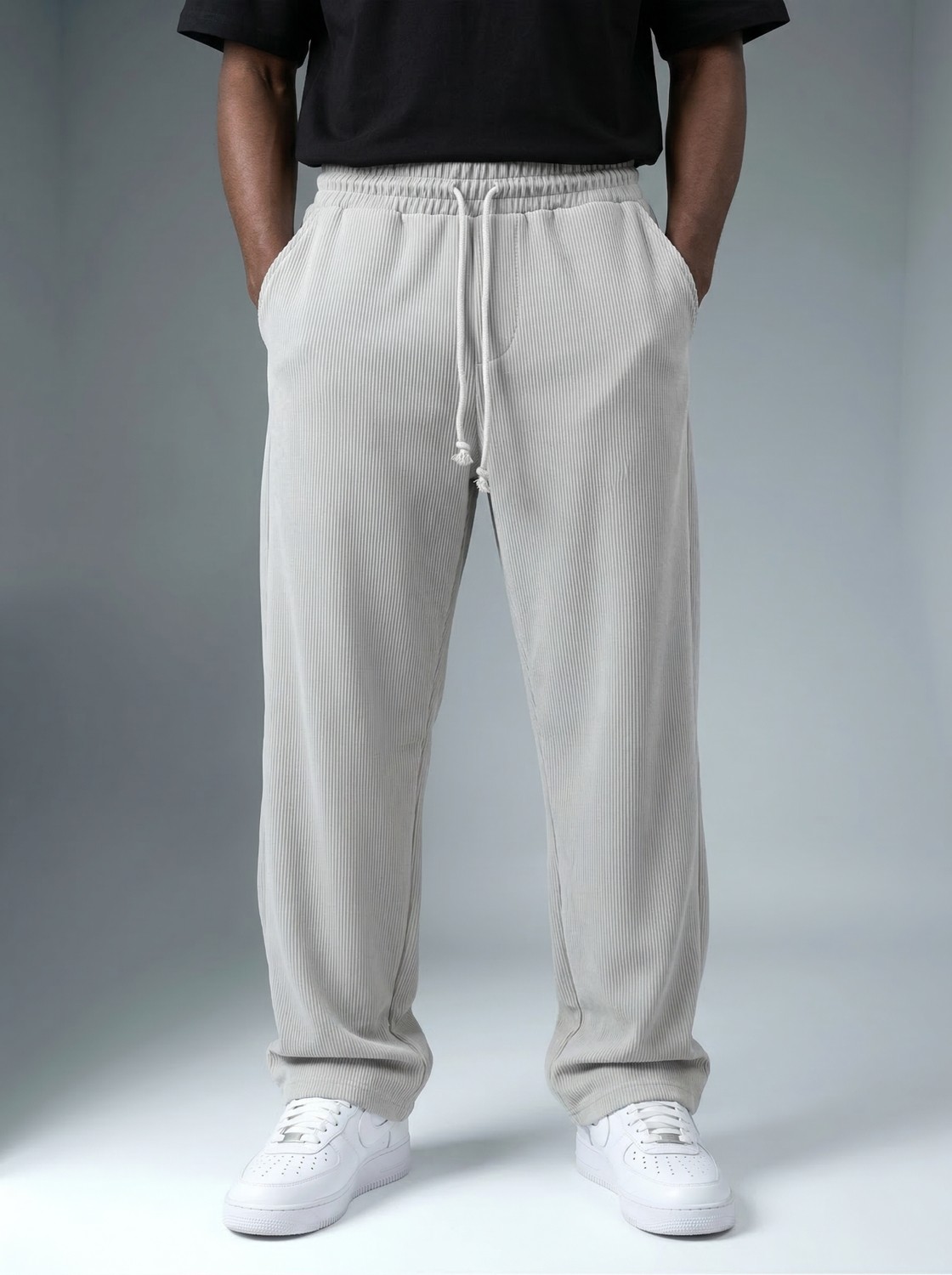 Khaynn Erkek Fitilli Baggy Pantolon K2026P Siyah Renk Lastik Bel Bol Paça Orta Kalınlık