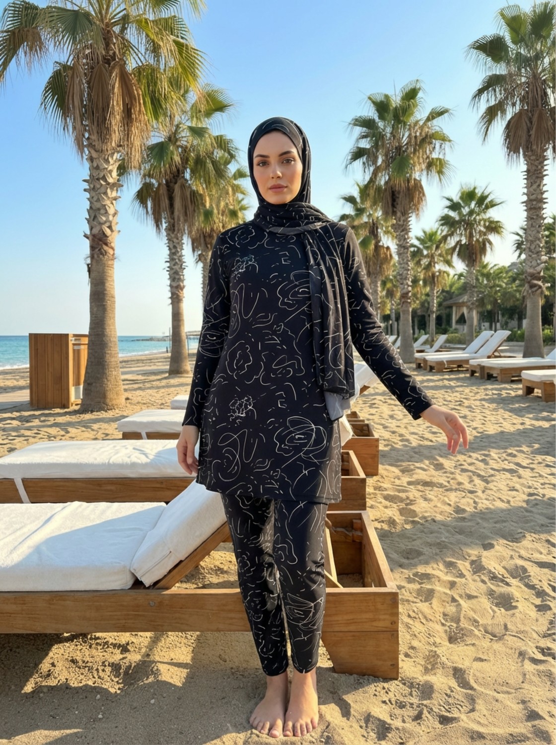 Qymos Prive Qymos Prıve Batik Desenli Güneş Geçiren & Bronzlaştıran Hava Geçirgen Bone ve Eşarplı Tesettür Mayo görsel 2