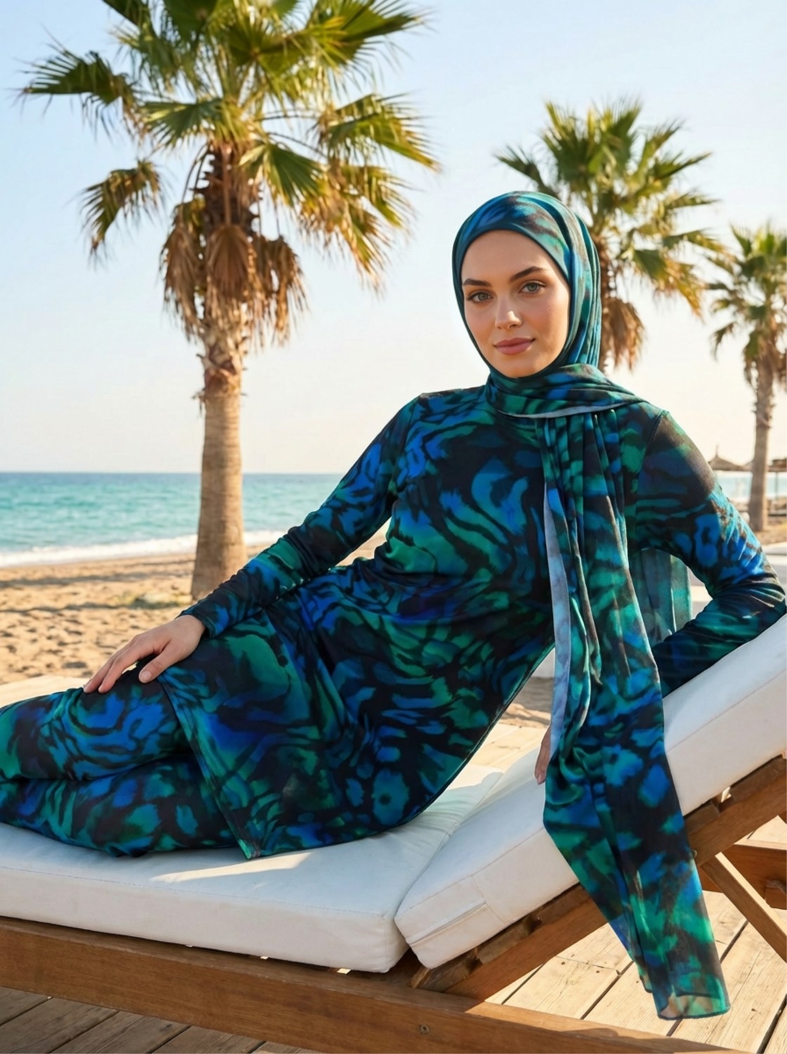 Qymos Prive Batik Desenli Güneş Geçiren & Bronzlaştıran Hava Geçirgen Bone ve Eşarplı Tesettür Mayo