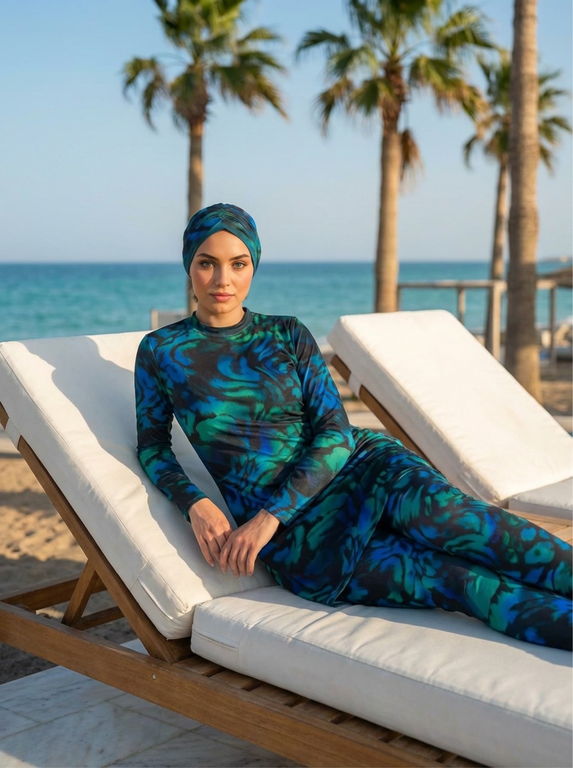 Qymos Prive Batik Desenli Güneş Geçiren & Bronzlaştıran Hava Geçirgen Bone ve Eşarplı Tesettür Mayo görsel 3