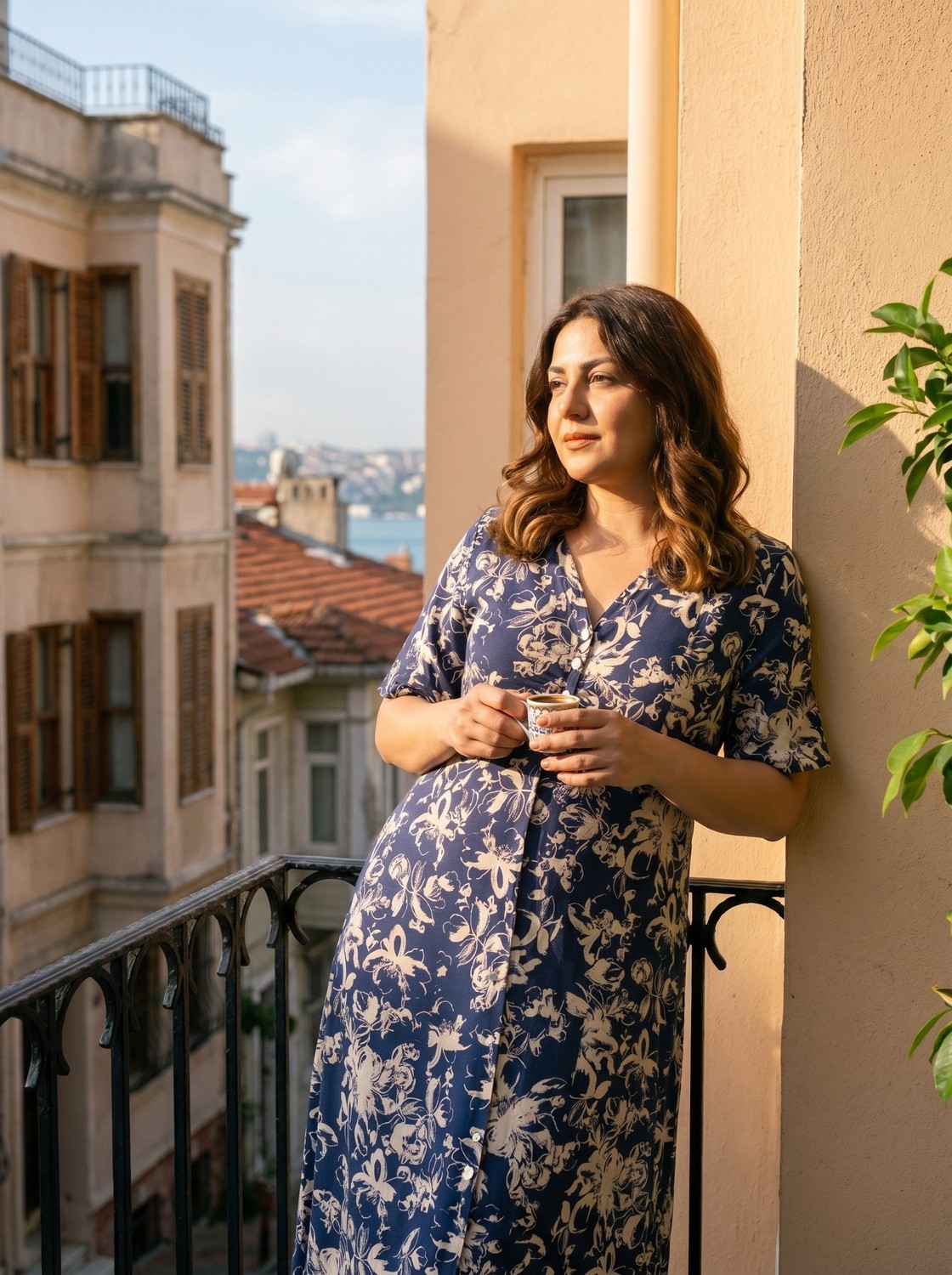 Stori Kadın Büyük Beden Penye Midi Elbise Çiçek Desenli V Yaka Yarım Kol Lacivert görsel 7