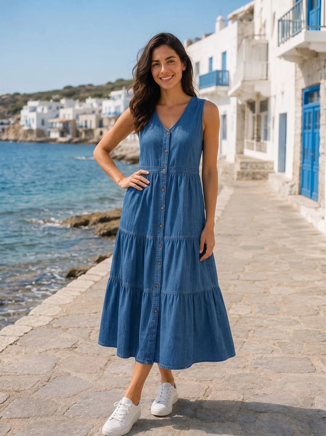HC Kids Wear Kadın Büyük Beden Kot Elbise Yazlık Kolsuz Düğmeli Midi Boy Denim Elbise görsel 2