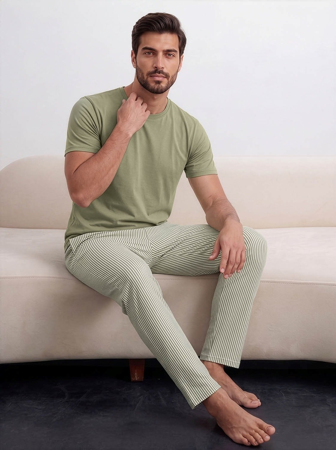Guava Homewear Erkek Açık Yeşil Düğmesiz Bisiklet Yaka Çizgili Jakarlı Pamuk Likra Kısa Kol Cepli Pijama Takımı görsel 7