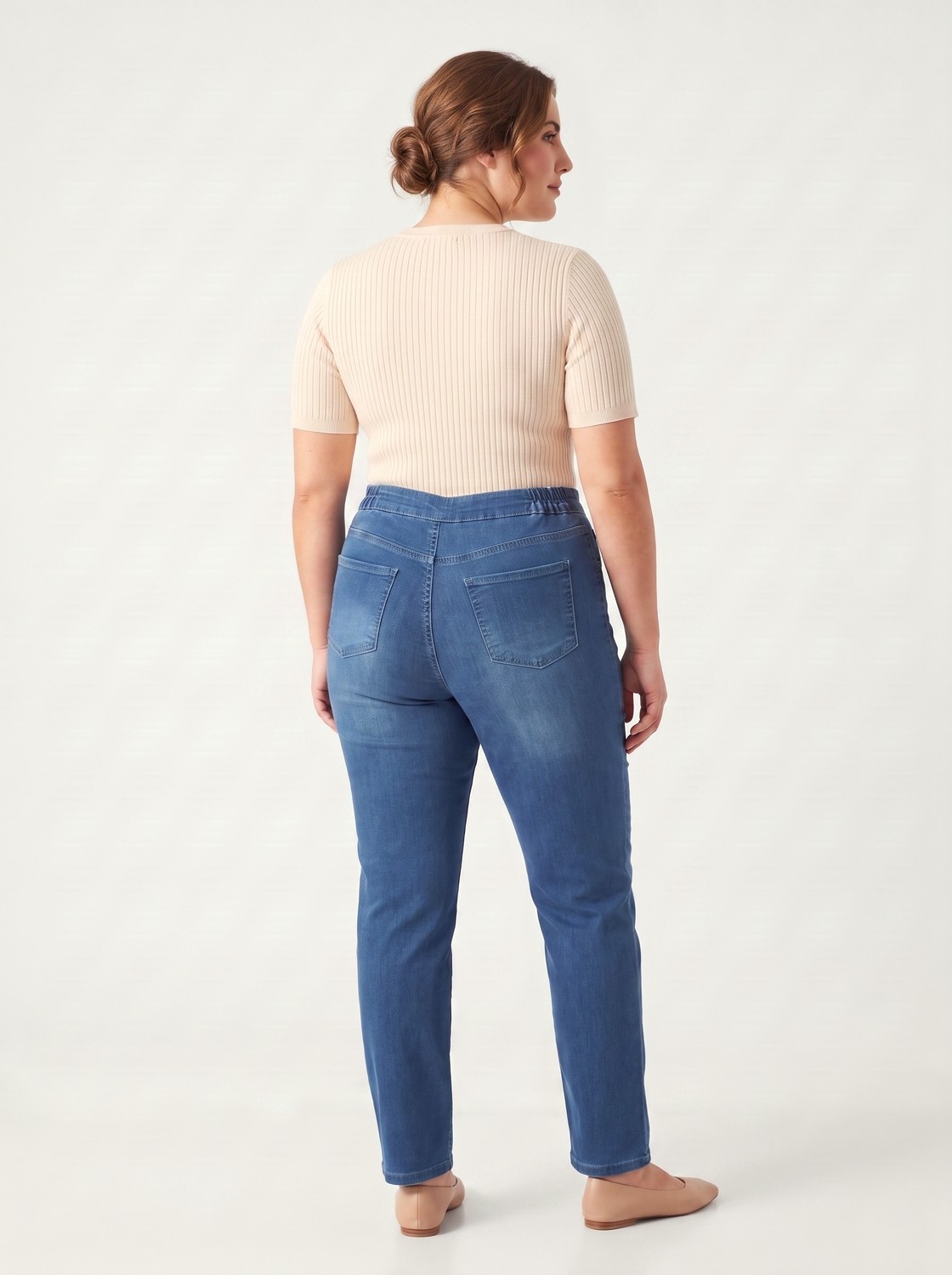 Stori Kadın Büyük Beden Kot Pantolon Beli Lastikli Düz Paça Cepli Jean Mavi görsel 4