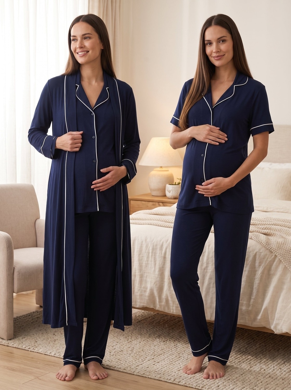 raia Yeni Sezon Ekru Biyeli Yazlık Full Düğmeli Tasarım Kısa Kol %100 Pamuk Hamile Lohusa Sabahlık Pijama Takımı Seti görsel 2