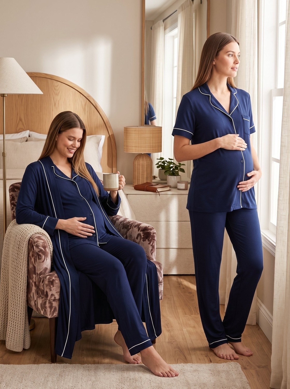raia Yeni Sezon Ekru Biyeli Yazlık Full Düğmeli Tasarım Kısa Kol %100 Pamuk Hamile Lohusa Sabahlık Pijama Takımı Seti görsel 3