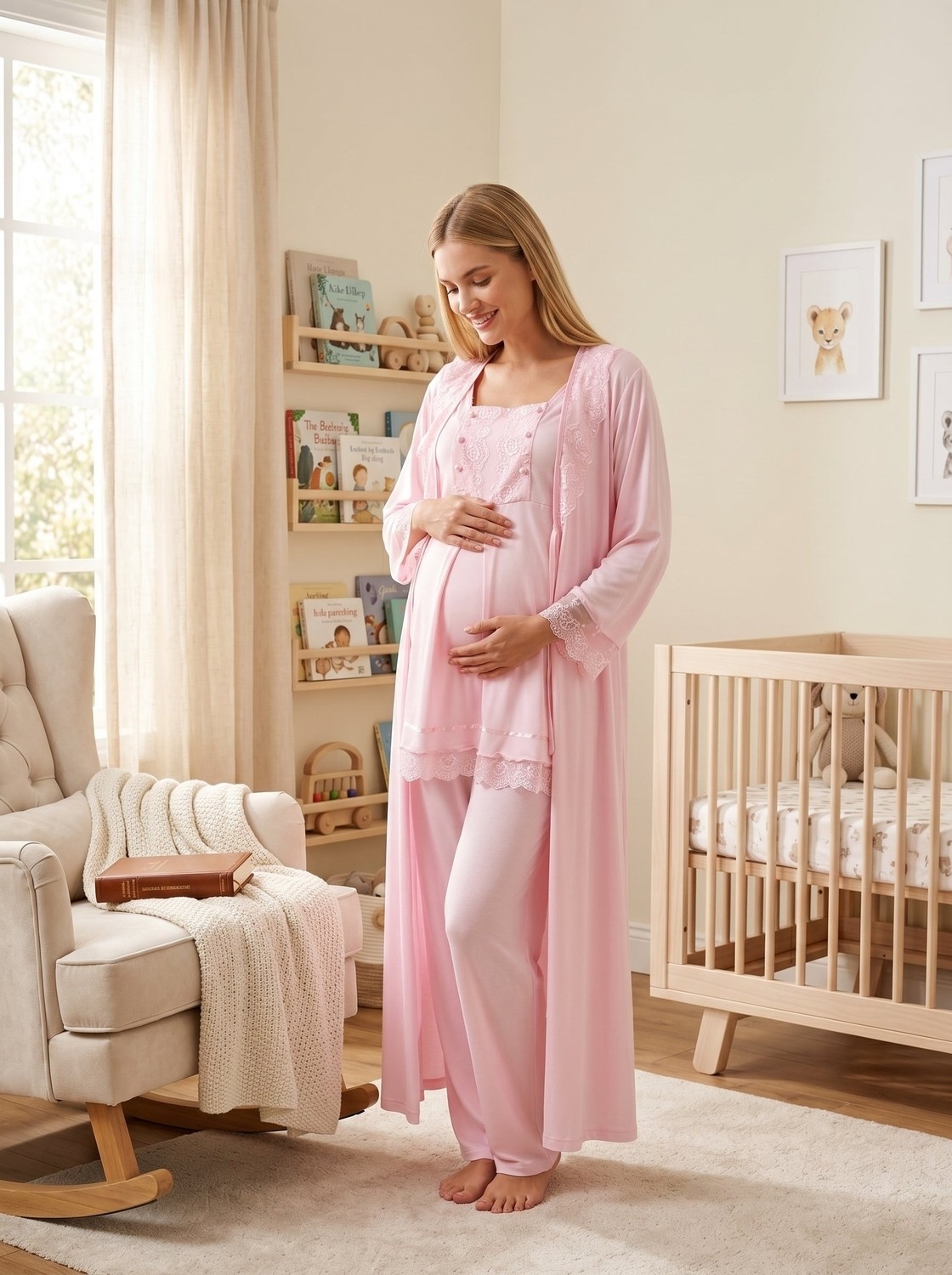 raia Yeni Sezon Ekru Yazlık Uzun Sabahlıklı Dantel Detaylı Tasarım Düğmeli %100 Pamuk Sabahlık Pijama Takımı Seti görsel 4