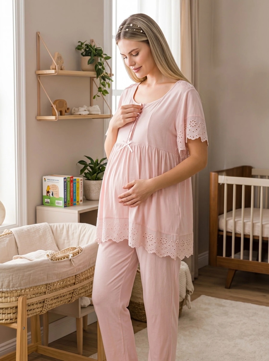 raia Yeni Sezon Ekru Fisto Keten Detaylı Tasarım Kolay Emzirme Özellikli Kısa Kollu Hamile Lohusa Pijama Takımı görsel 5