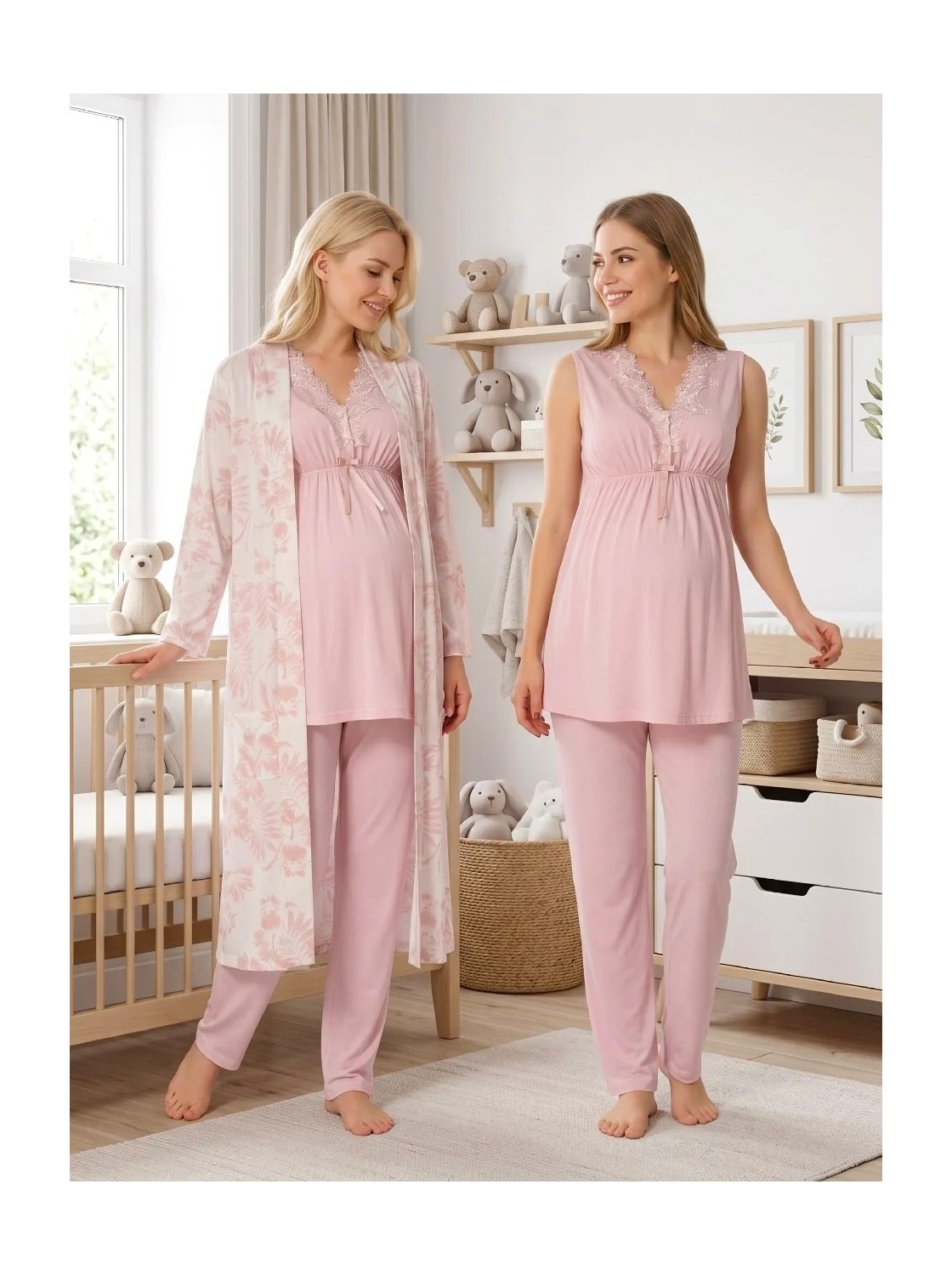 raia Kadın Ekru Dantelli Özel Tasarım Pamuk Penye Hamile Lohusa Sabahlık Pijama Takımı Set görsel 4