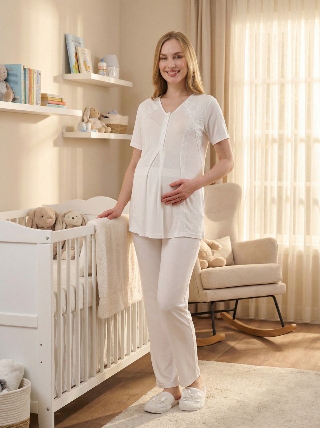 raia Yeni Sezon Nar Çiçeği Jakarlı Kısa Kol Şal Yaka Tasarım Yazlık Hamile Sabahlık Pijama Takım Seti görsel 3